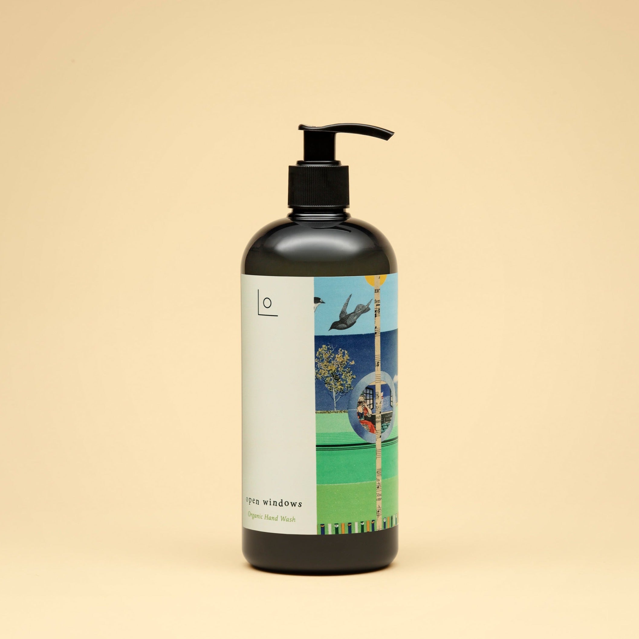 Product image for organic hand wash from LO Studio on a pale yellow background